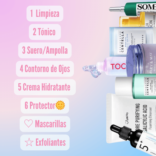 Rutina completa de skincare que abarca todos los pasos esenciales para el cuidado de la piel.